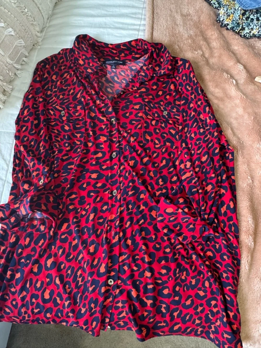 Women's Jones New York Red Leopard Print Blouse with Navy and Orange Spots - Picture 2 of 8